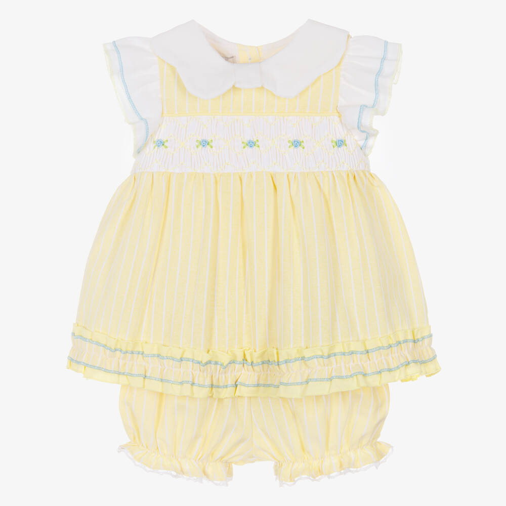 Beau KiD-Girls Yellow Striped Cotton Bloomer Shorts Set with Smocking | Childrensalon
