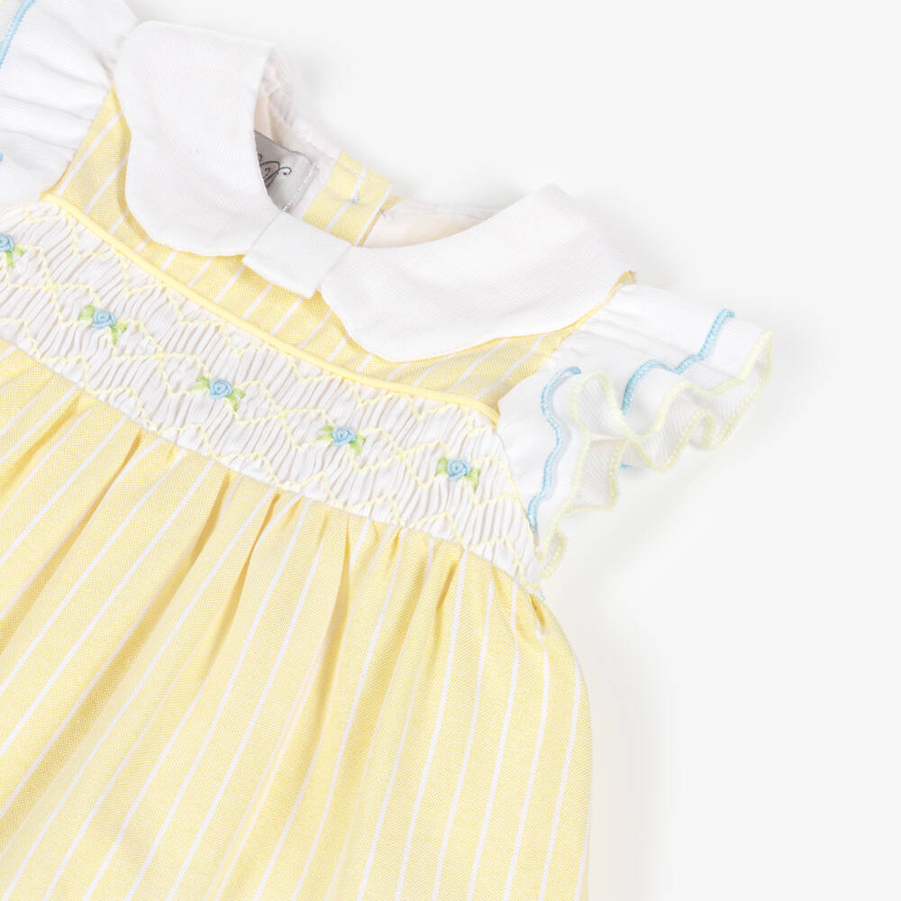 Beau KiD-Girls Yellow Striped Cotton Bloomer Shorts Set with Smocking | Childrensalon