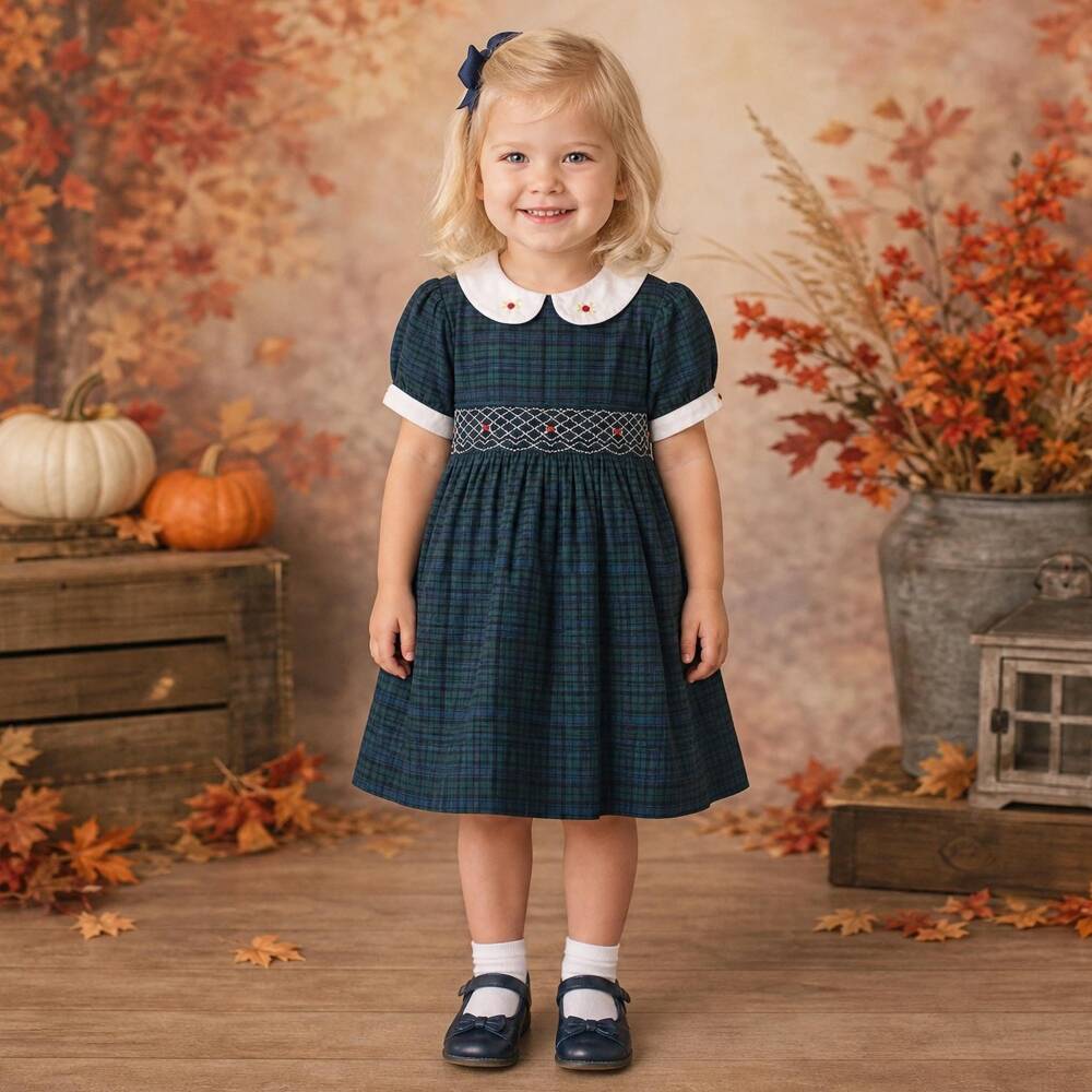 Beau KiD-Green Tartan Dress for Girls with Bullion Roses | Childrensalon
