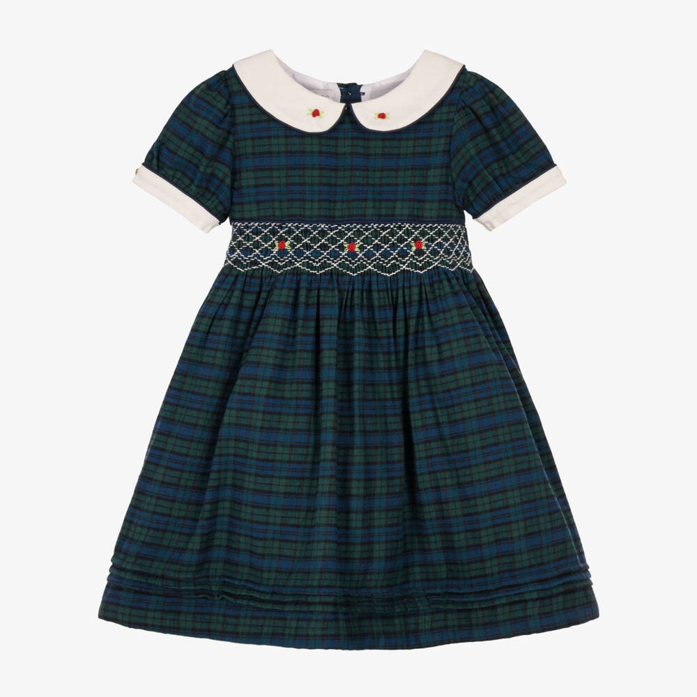 Beau KiD-Green Tartan Dress for Girls with Bullion Roses | Childrensalon