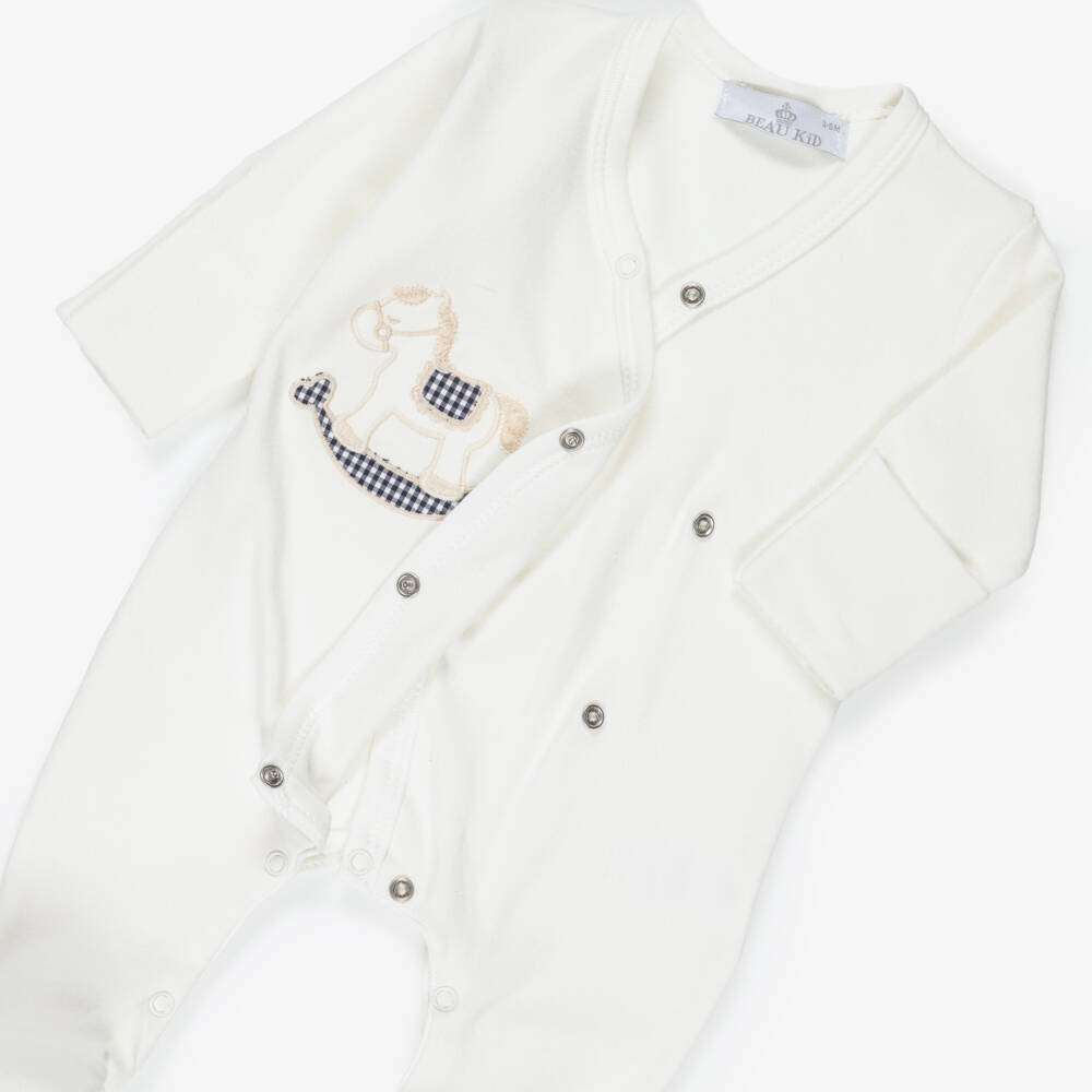 Beau KiD-Ivory Cotton Babysuit Set With Rocking Horse Motif | Childrensalon