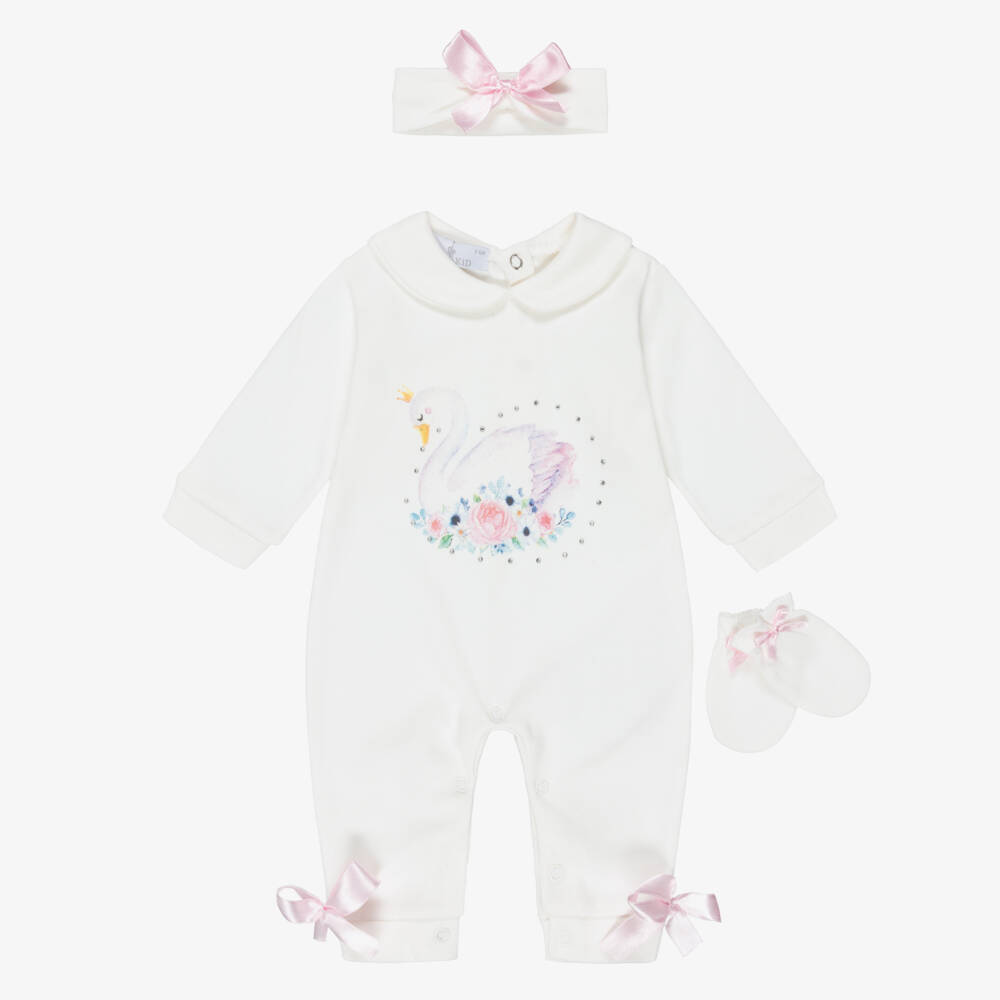 Beau KiD-Ivory Swan Print Cotton Babysuit Set | Childrensalon