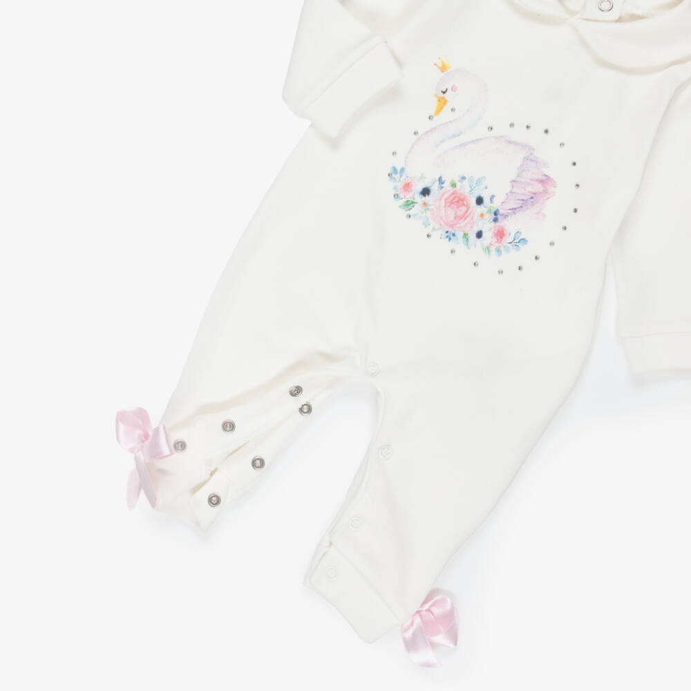 Beau KiD-Ivory Swan Print Cotton Babysuit Set | Childrensalon