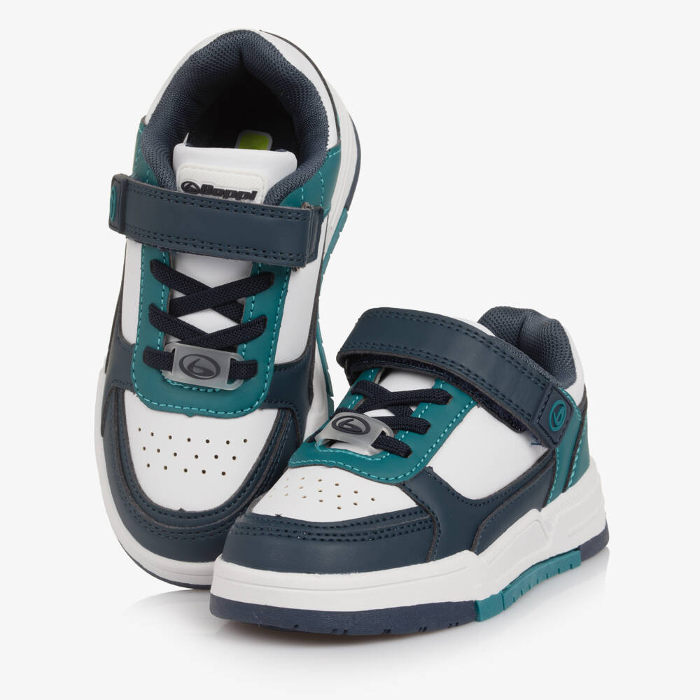 Beppi-Boys White Faux Leather Velcro Trainers with Blue Trims | Childrensalon