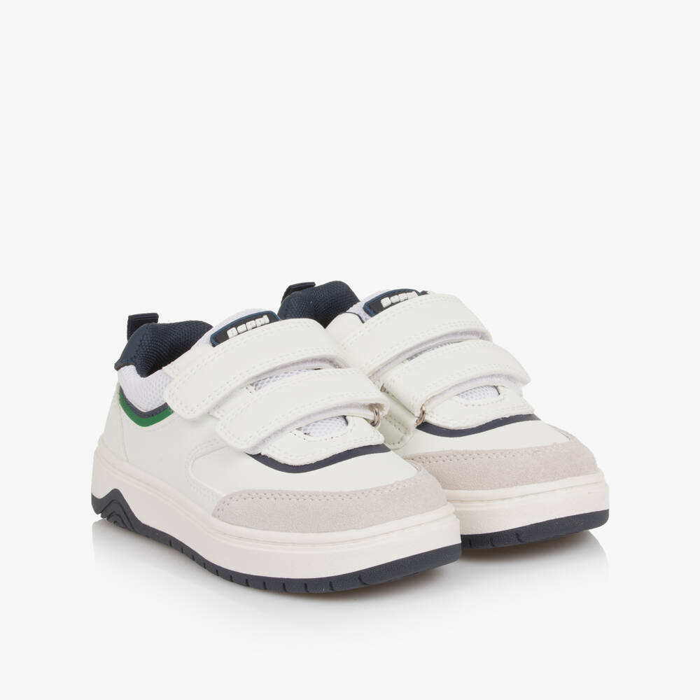 Beppi-Boys White Leather Velcro Trainers with Navy Blue Trim | Childrensalon