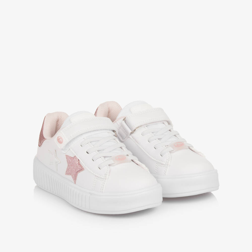 Beppi-Girls White & Pink Star Faux Leather Trainers  | Childrensalon