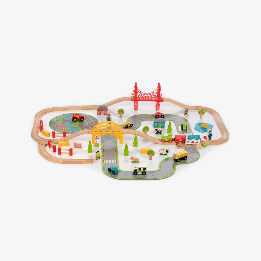 Bigjigs-Wooden Rural Road & Rail Train Set (116cm) | Childrensalon