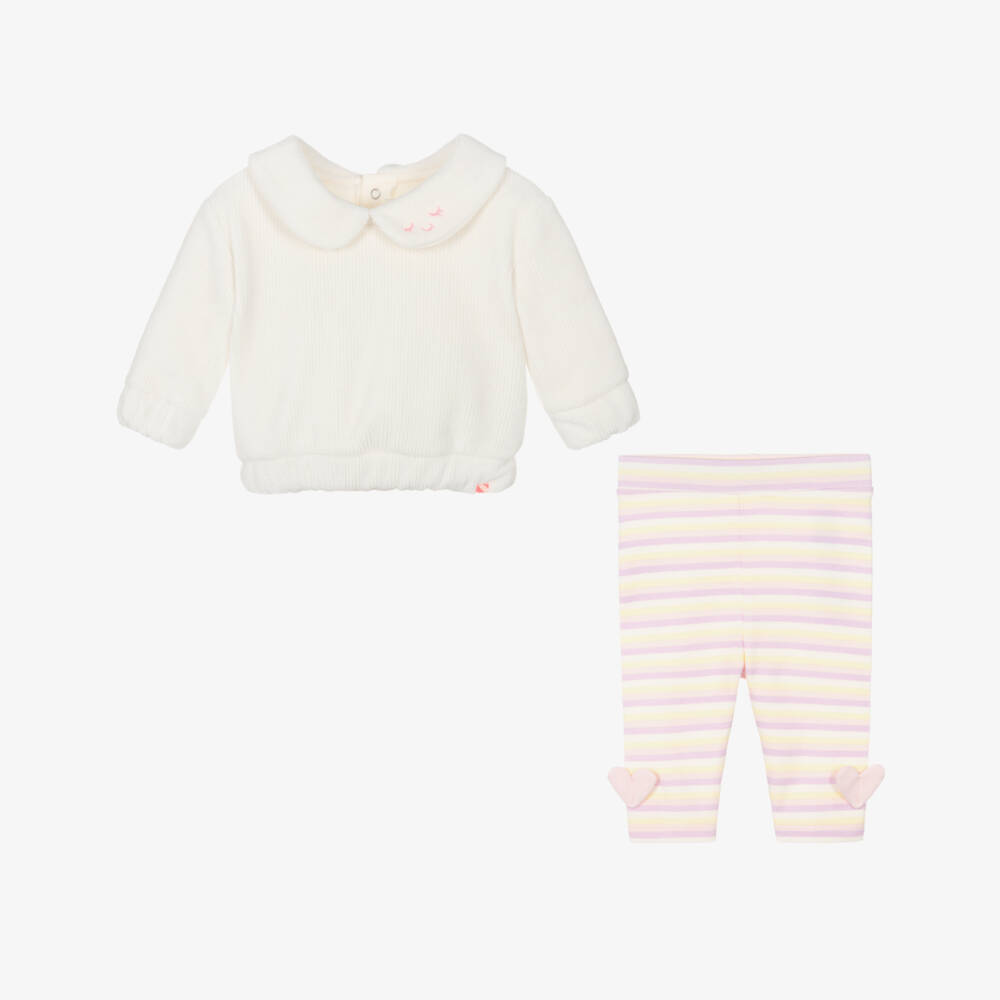 Billieblush-Baby Girls Ivory Velour Top & Striped Leggings Set | Childrensalon