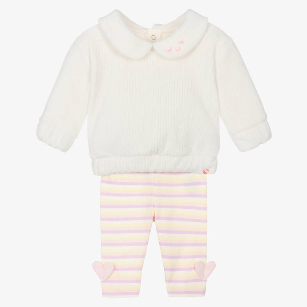 Billieblush-Baby Girls Ivory Velour Top & Striped Leggings Set | Childrensalon