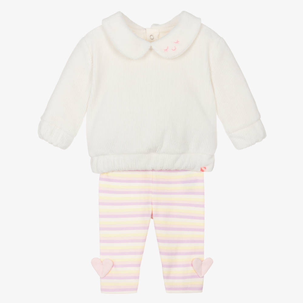 Billieblush-Baby Girls Ivory Velour Top & Striped Leggings Set | Childrensalon