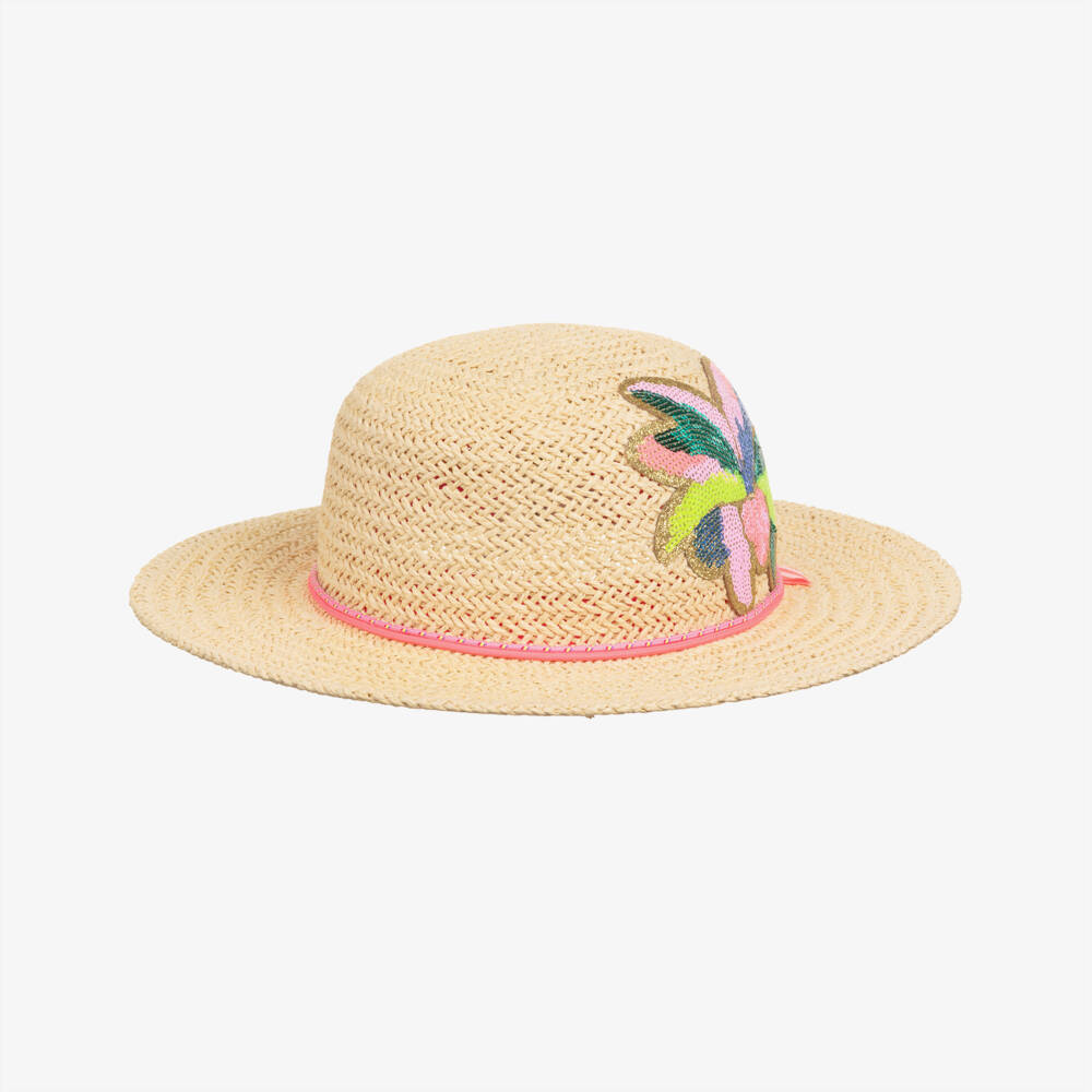 Billieblush-Beige Straw Hat with Sequinned Flowers  | Childrensalon