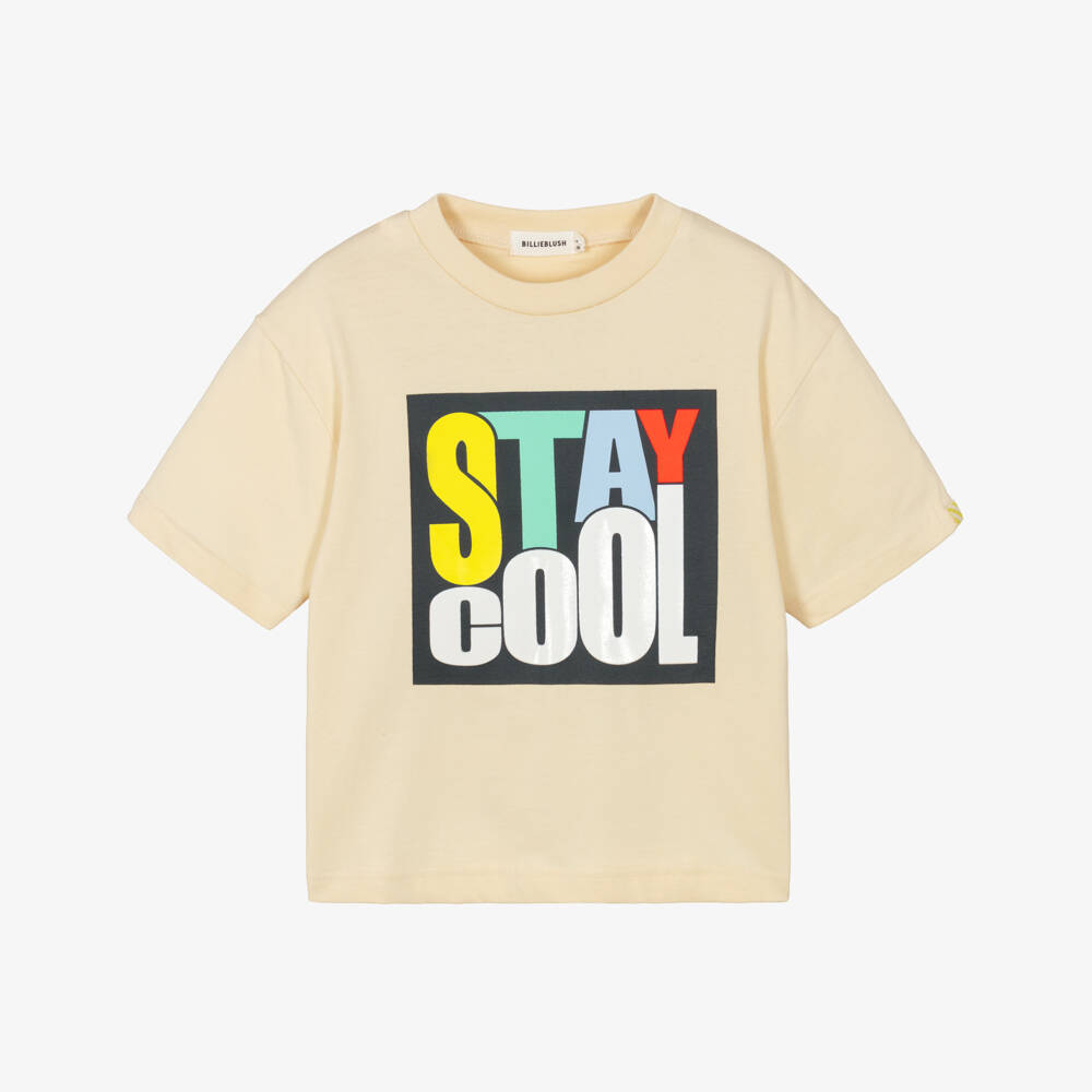 Billieblush-Boys Beige Cotton T-Shirt with Stay Cool Print | Childrensalon