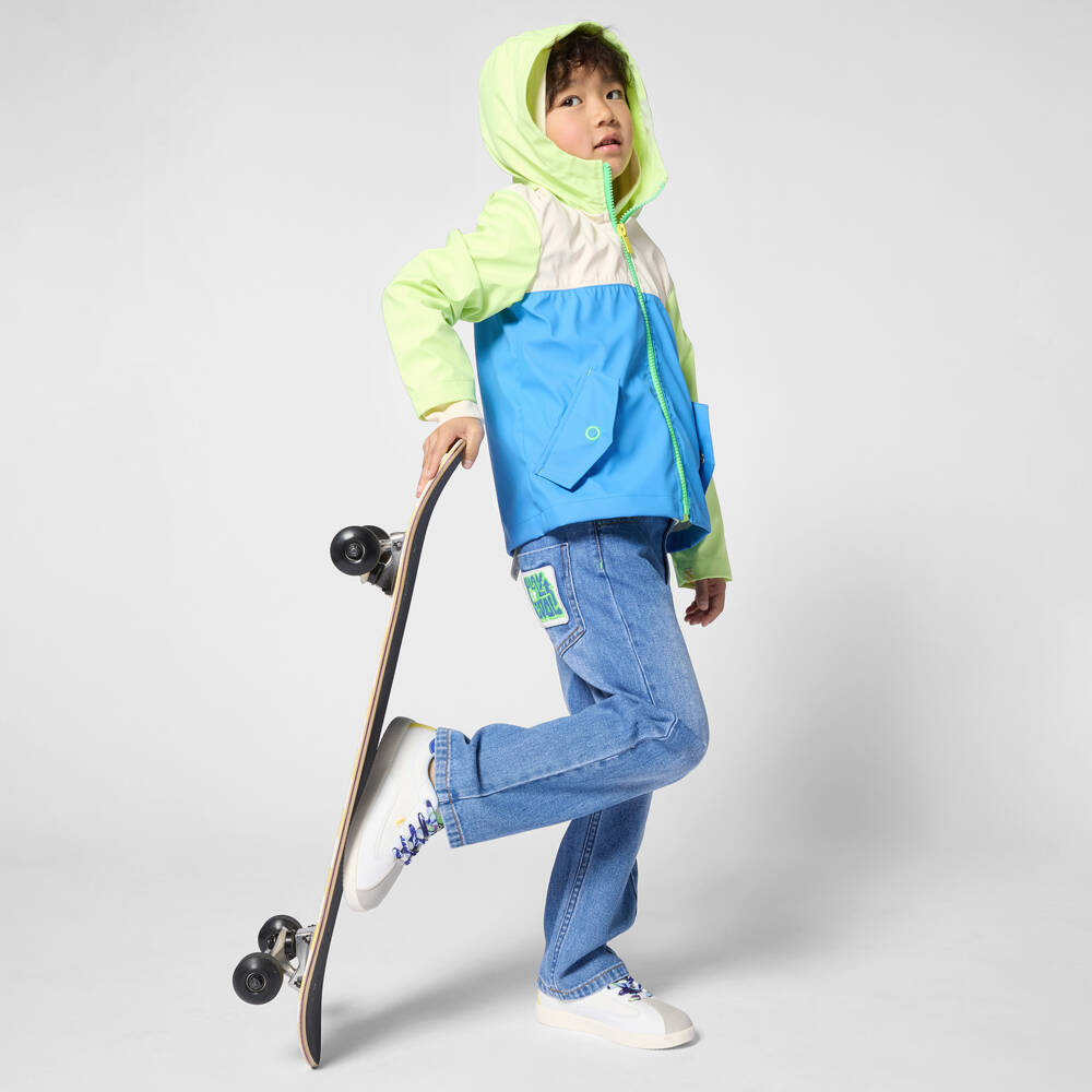 Billieblush-Boys Blue Denim Jeans with Neon Green Slogan Patch | Childrensalon