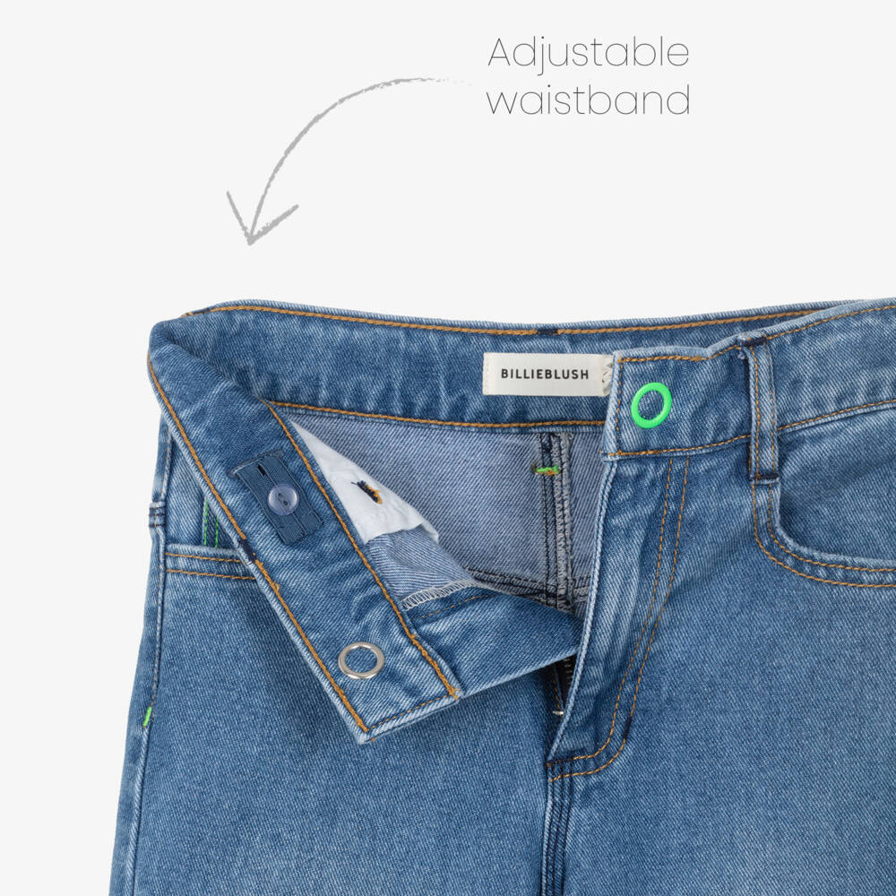 Billieblush-Boys Blue Denim Jeans with Neon Green Slogan Patch | Childrensalon