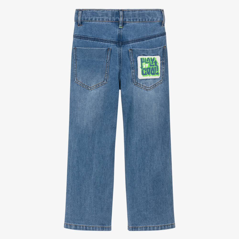 Billieblush-Boys Blue Denim Jeans with Neon Green Slogan Patch | Childrensalon