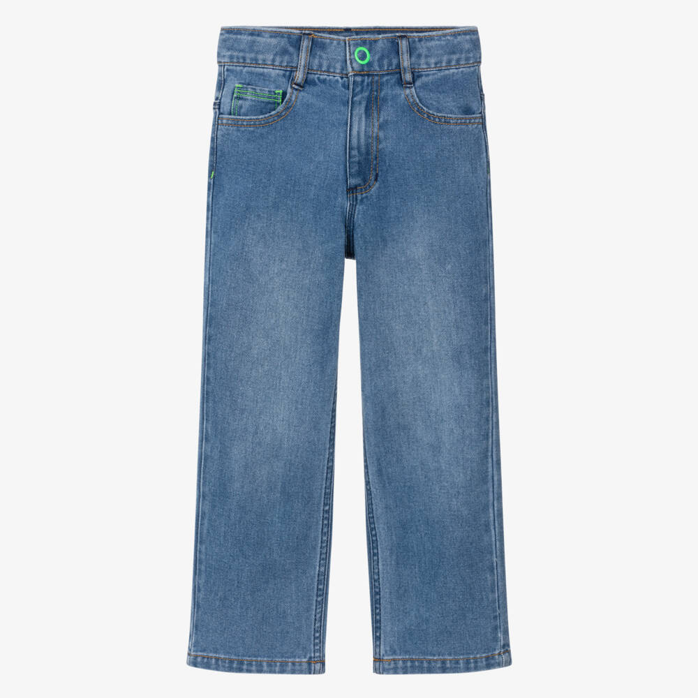 Billieblush-Boys Blue Denim Jeans with Neon Green Slogan Patch | Childrensalon