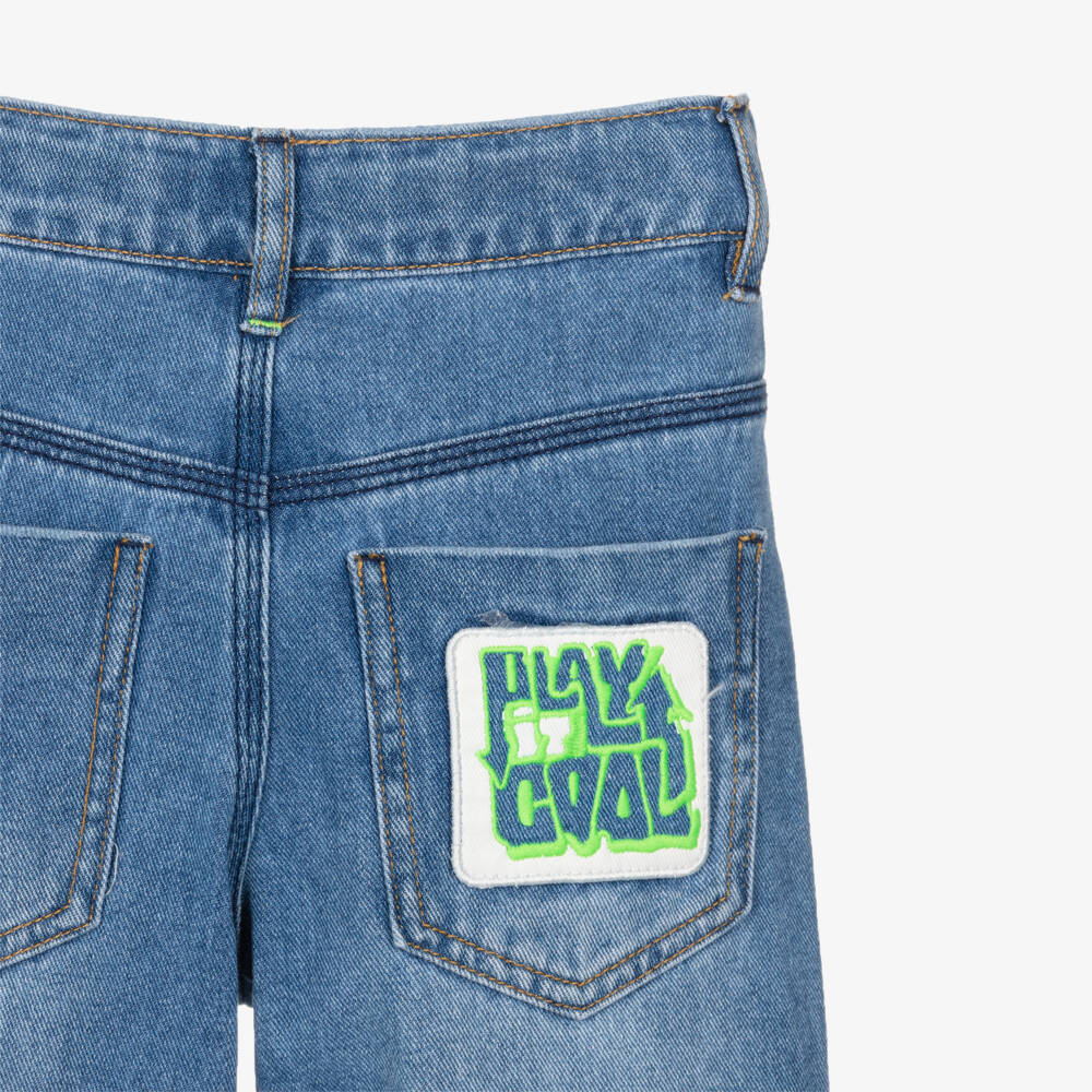 Billieblush-Boys Blue Denim Jeans with Neon Green Slogan Patch | Childrensalon