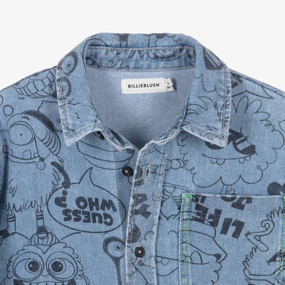 Billieblush-Boys Blue Denim Shirt with Monster Print | Childrensalon