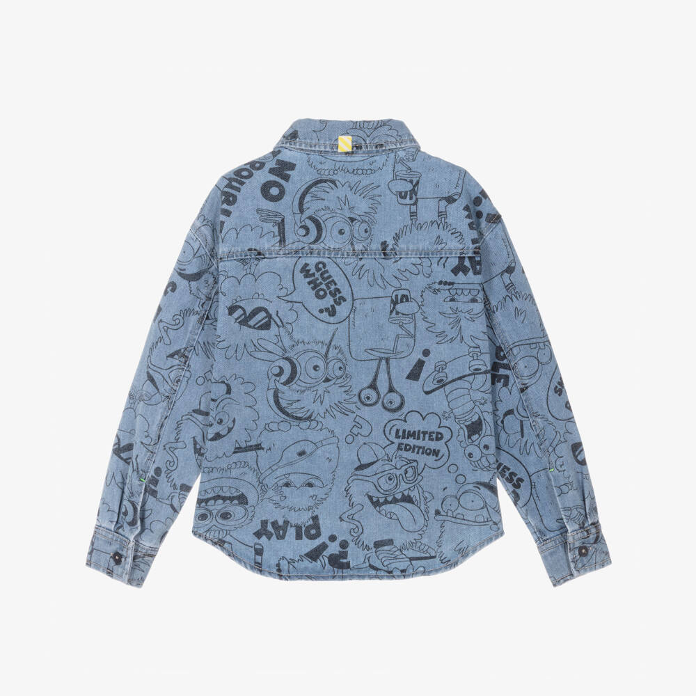 Billieblush-Boys Blue Denim Shirt with Monster Print | Childrensalon