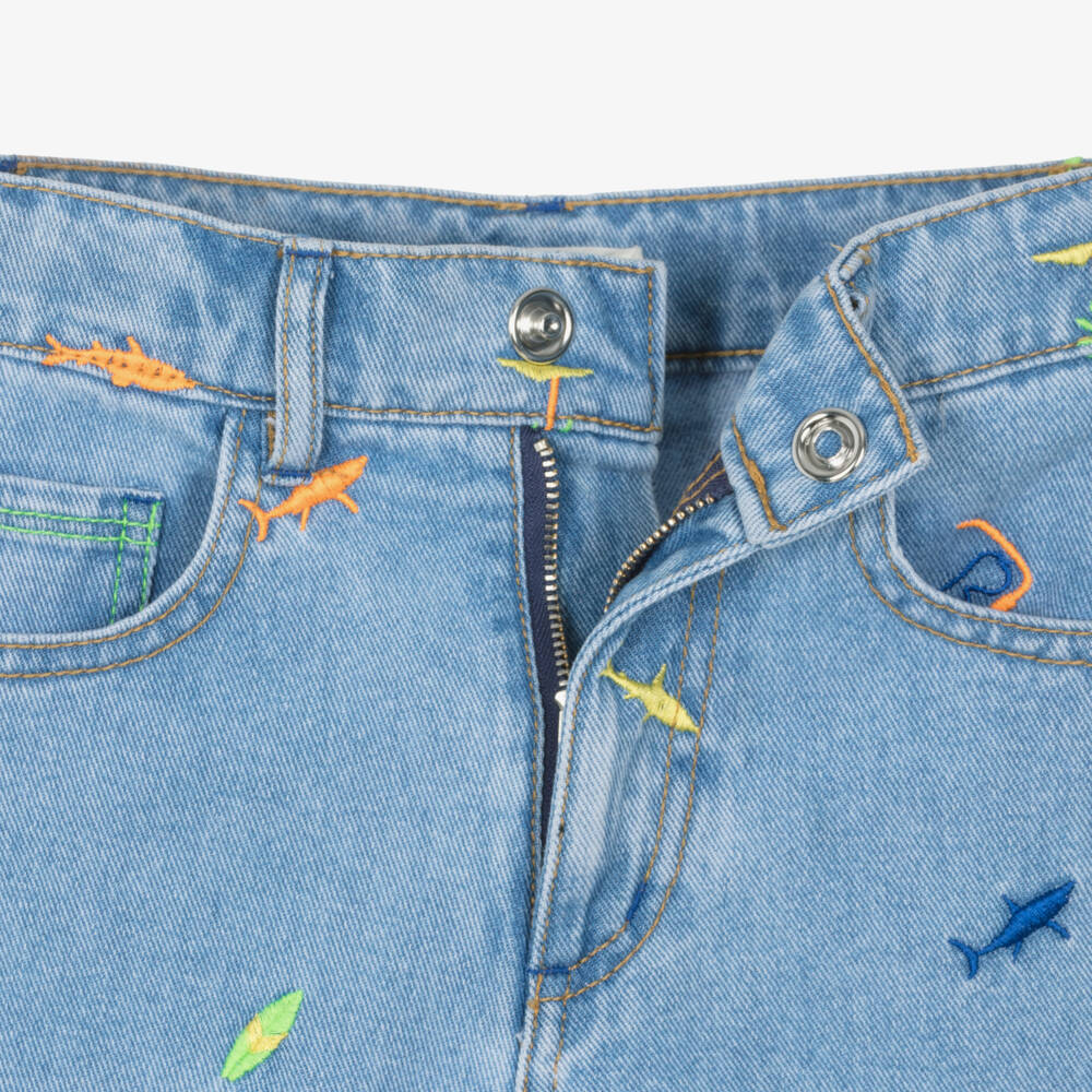 Billieblush-Boys Blue Denim Shorts with Embroidered Shark Motifs | Childrensalon