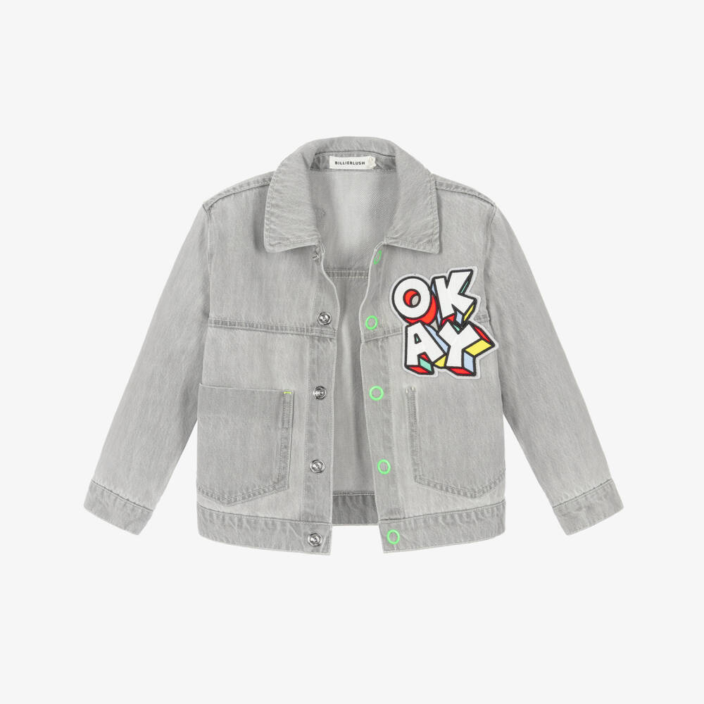 Billieblush-Boys Grey Denim Jacket with Slogan Patch | Childrensalon