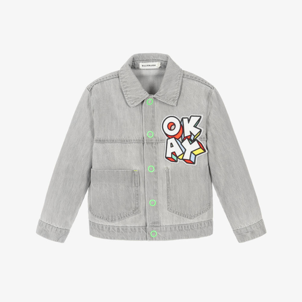 Billieblush-Boys Grey Denim Jacket with Slogan Patch | Childrensalon