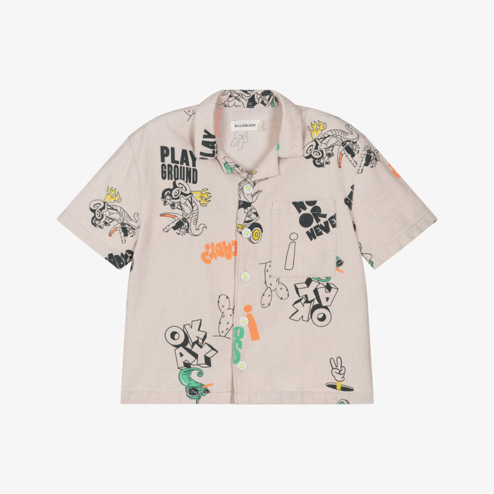 Billieblush-Boys Light Beige Linen & Cotton Reptile Print Shirt | Childrensalon