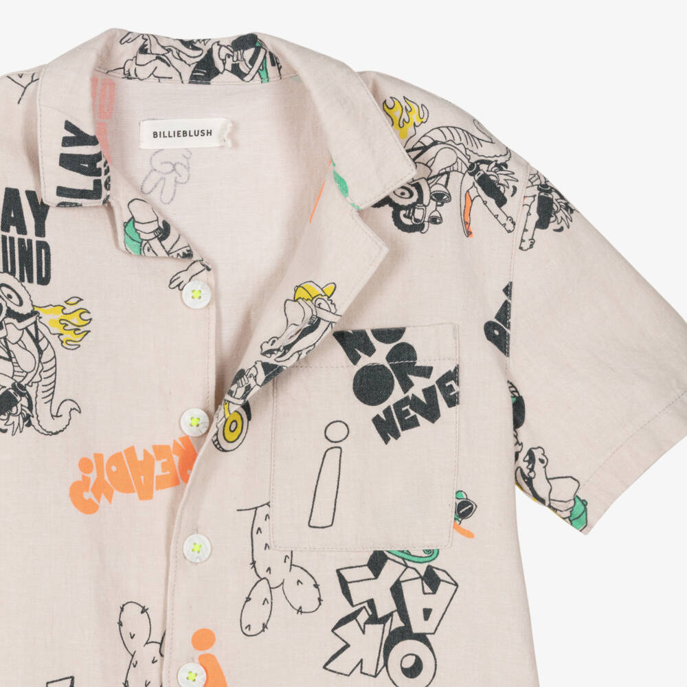 Billieblush-Boys Light Beige Linen & Cotton Reptile Print Shirt | Childrensalon