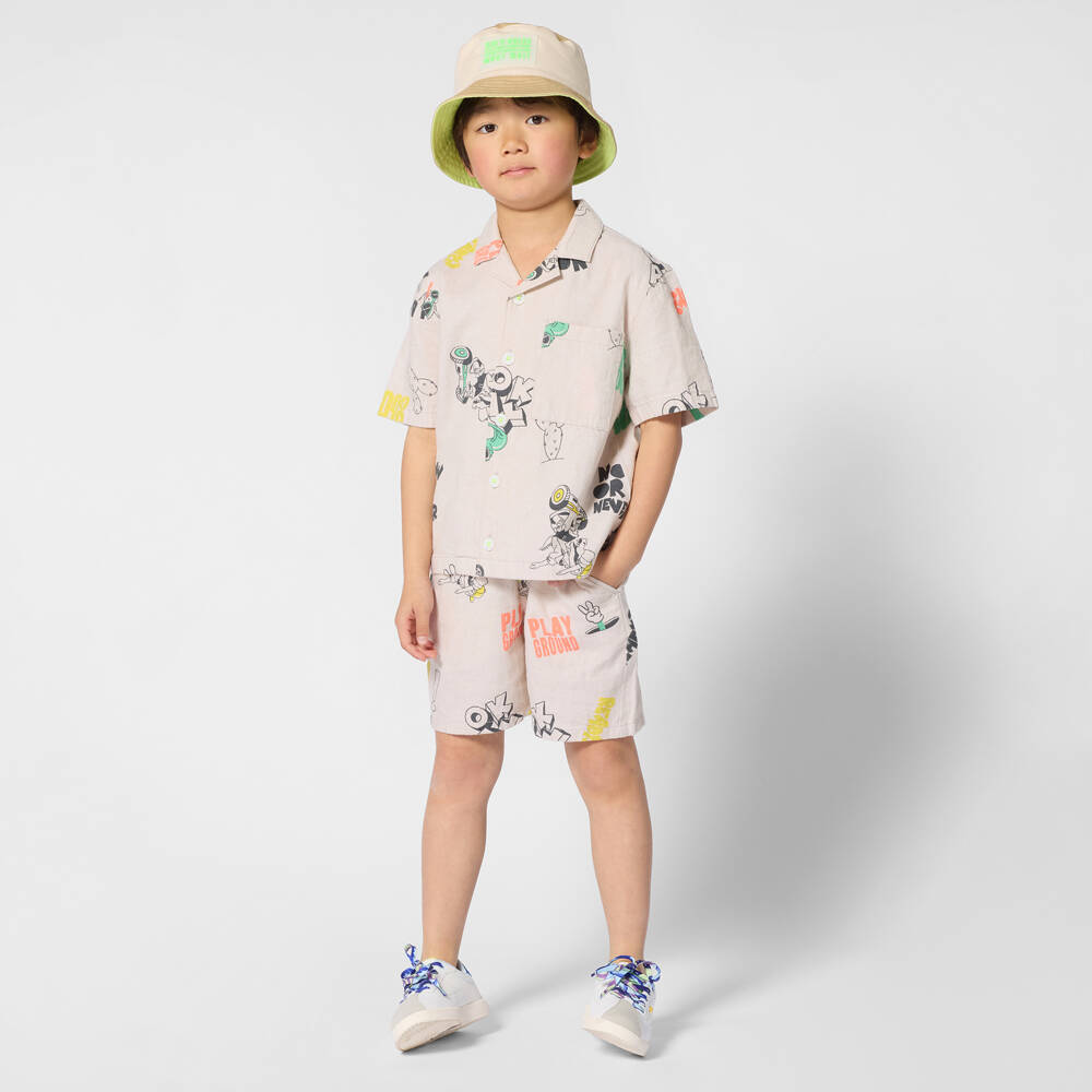 Billieblush-Boys Light Beige Linen & Cotton Reptile Print Shirt | Childrensalon