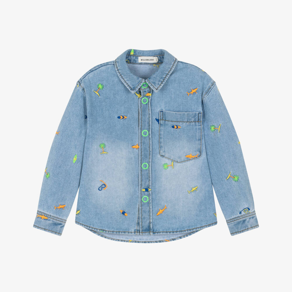Billieblush-Boys Light Blue Denim Shirt with Embroidered Shark Motifs | Childrensalon