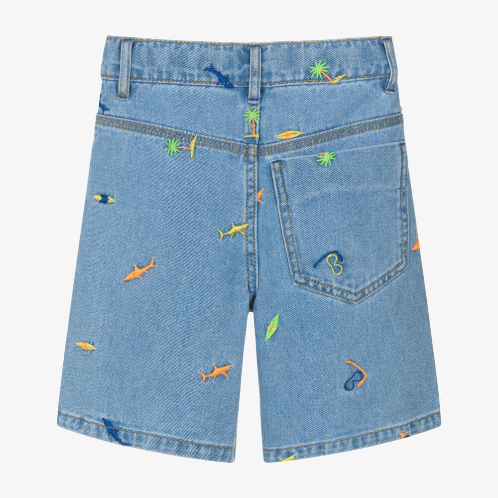 Billieblush-Boys Light Blue Denim Shorts with Embroidered Shark Motifs | Childrensalon