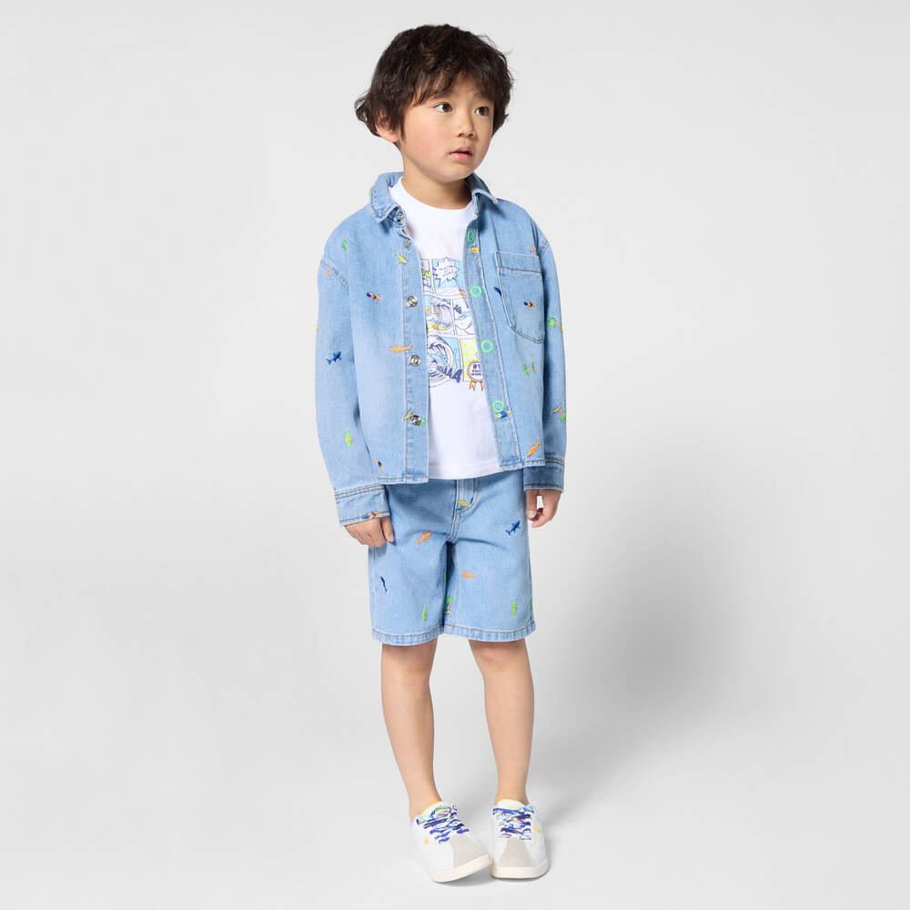 Billieblush-Boys Light Blue Denim Shorts with Embroidered Shark Motifs | Childrensalon