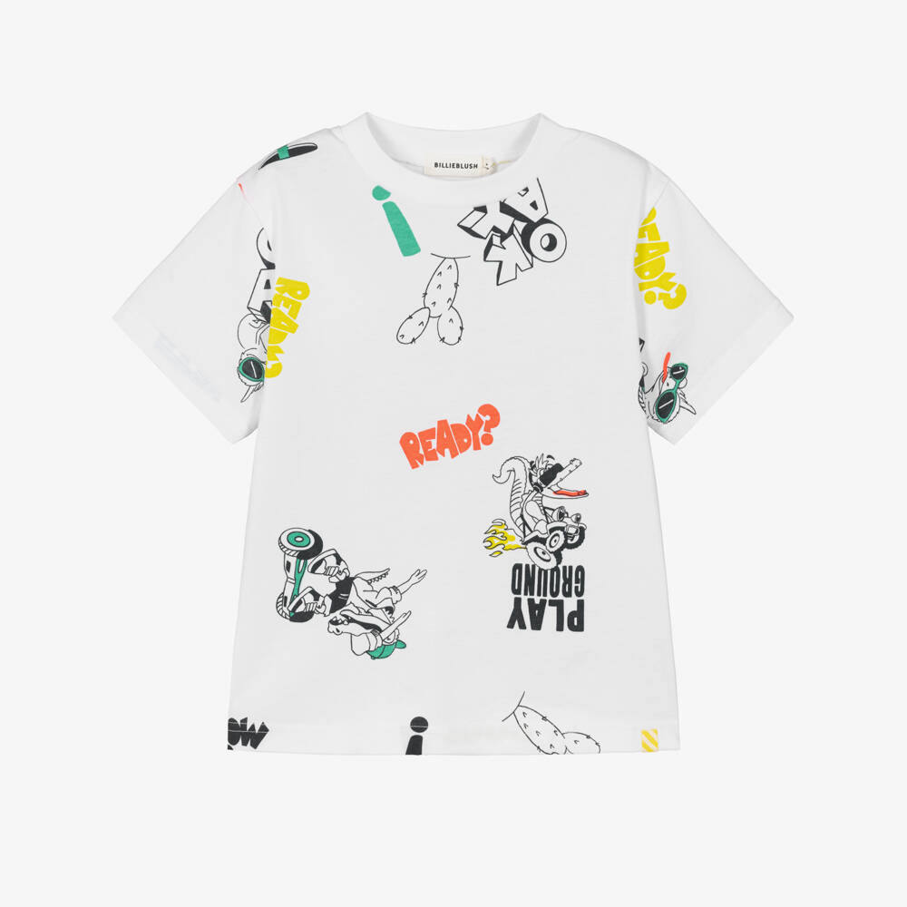 Billieblush-Boys White Cotton T-Shirt with Crocodile Logo Prints | Childrensalon