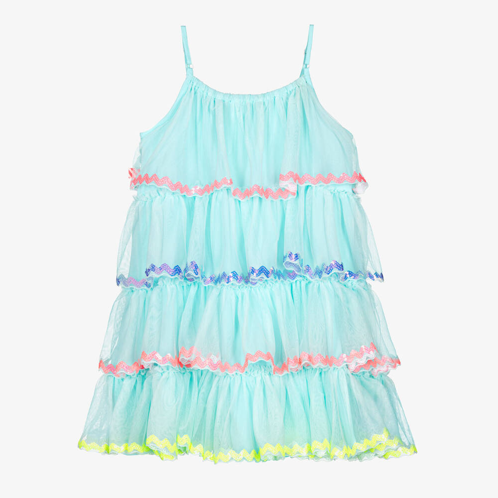 Billieblush-Girls Aqua Blue Dress with Sequinned Tulle Tiers | Childrensalon