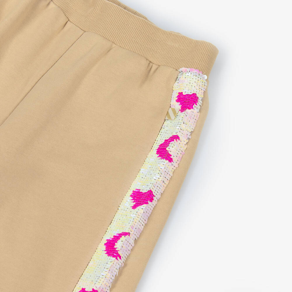 Billieblush-Girls Beige Cotton Joggers with Reversible Sequin Trim | Childrensalon