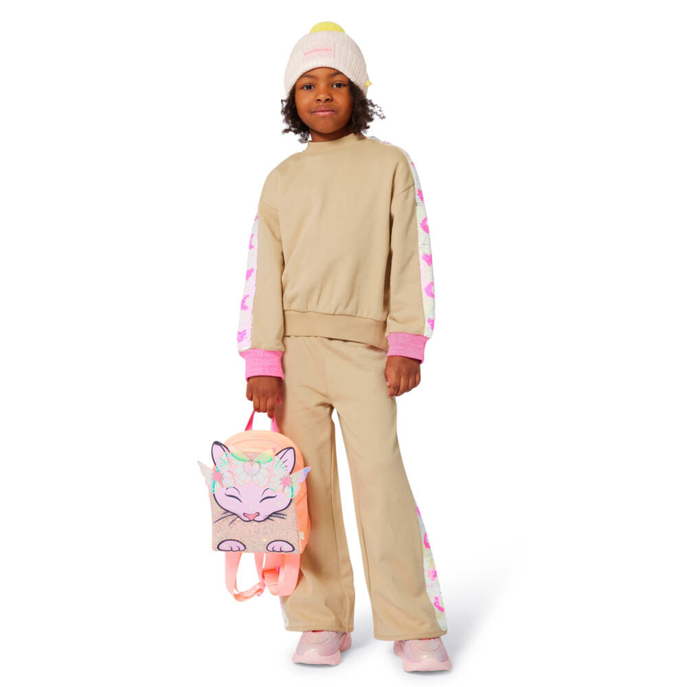 Billieblush-Girls Beige Cotton Joggers with Reversible Sequin Trim | Childrensalon