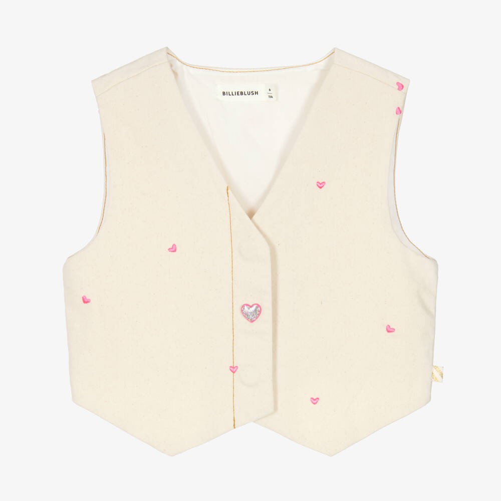 Billieblush-Girls Beige Denim Waistcoat with Embroidered Hearts | Childrensalon