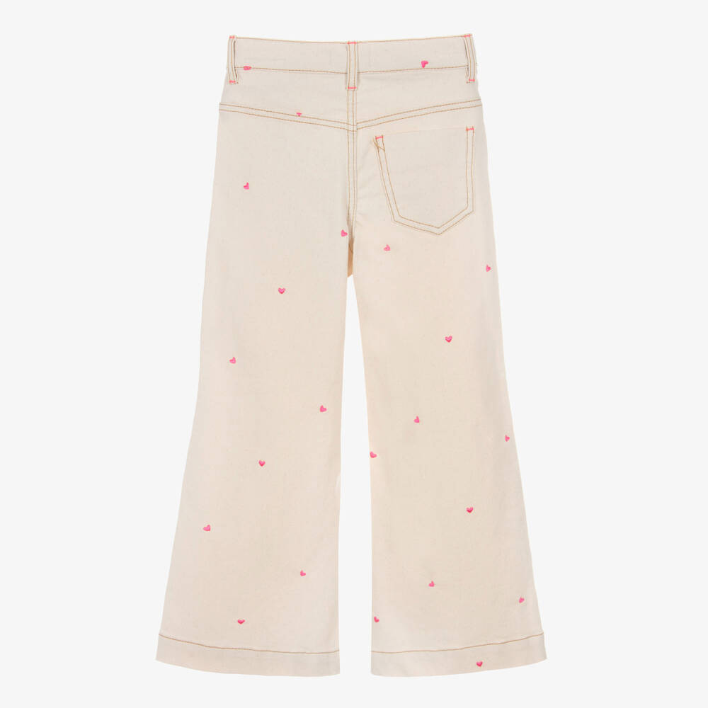 Billieblush-Girls Beige Flared Denim Jeans with Embroidered Hearts | Childrensalon