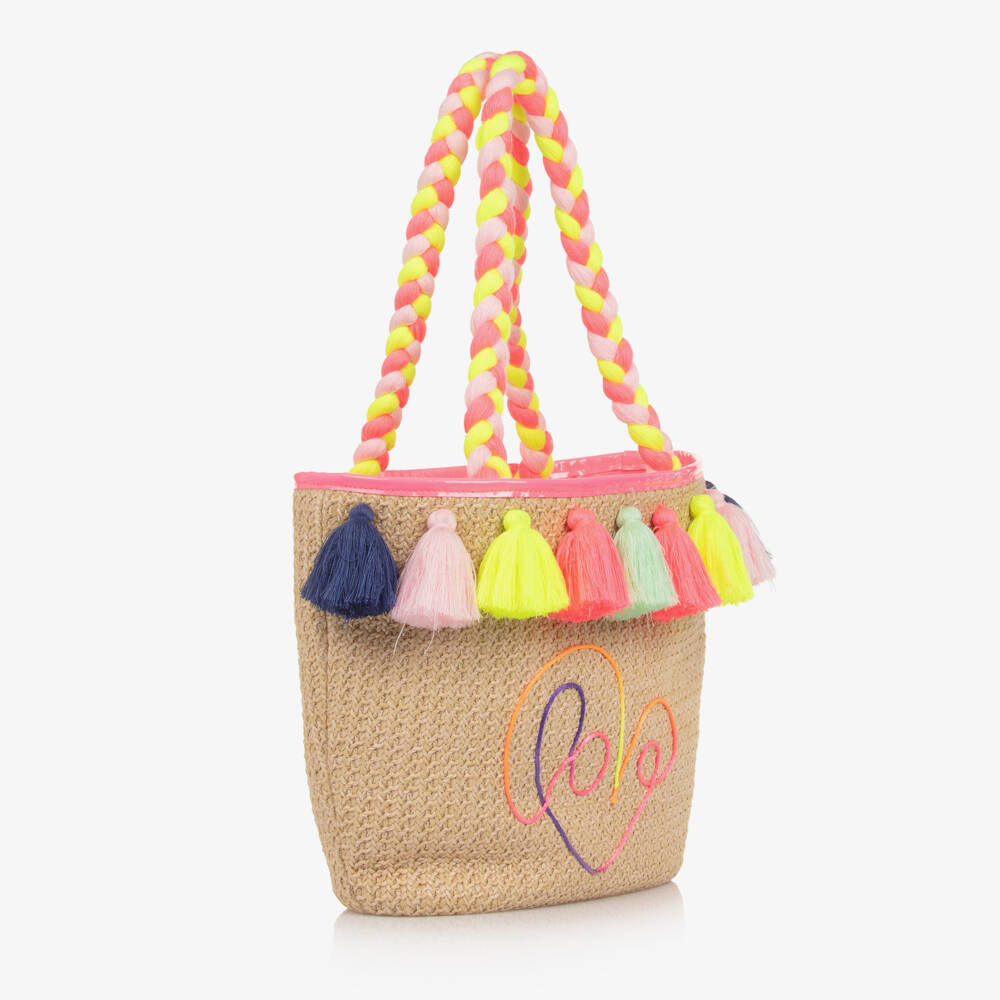 Billieblush-Girls Beige Straw Bag with Multicoloured Tassels (36cm) | Childrensalon