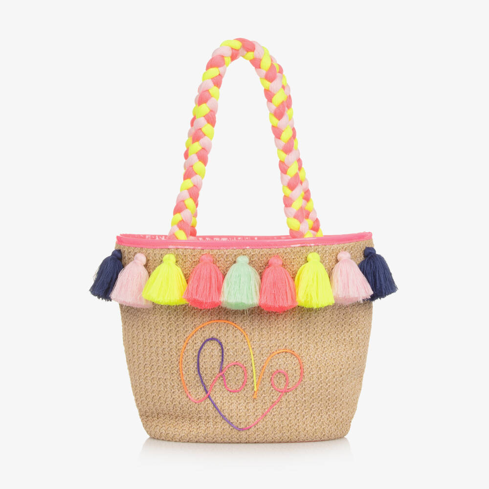 Billieblush-Girls Beige Straw Bag with Multicoloured Tassels (36cm) | Childrensalon