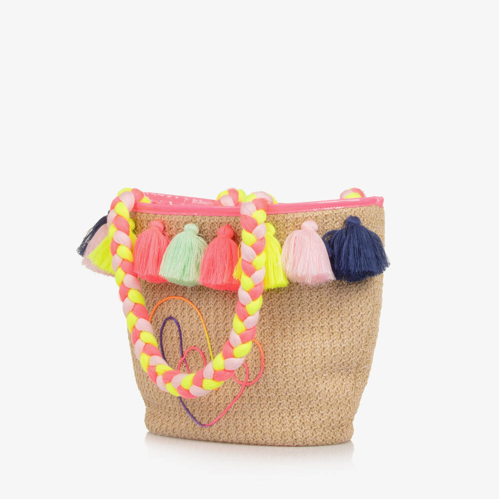 Billieblush-Girls Beige Straw Bag with Multicoloured Tassels (36cm) | Childrensalon