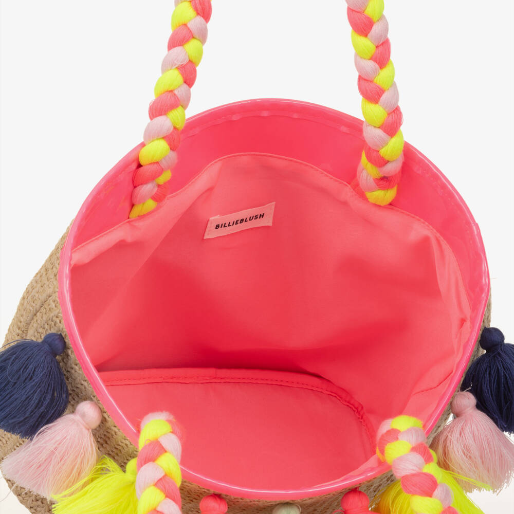 Billieblush-Girls Beige Straw Bag with Multicoloured Tassels (36cm) | Childrensalon