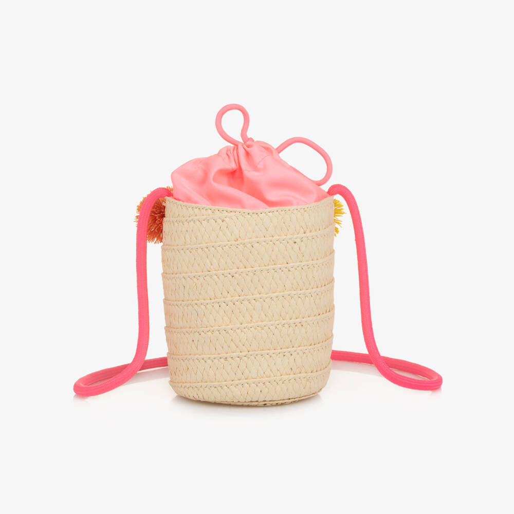 Billieblush-Girls Beige Straw Shouder Bag with Pom-Poms (15cm) | Childrensalon
