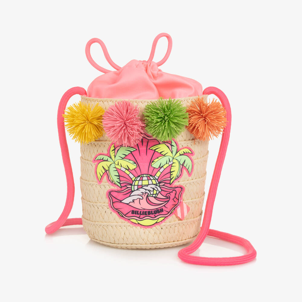 Billieblush-Girls Beige Straw Shouder Bag with Pom-Poms (15cm) | Childrensalon