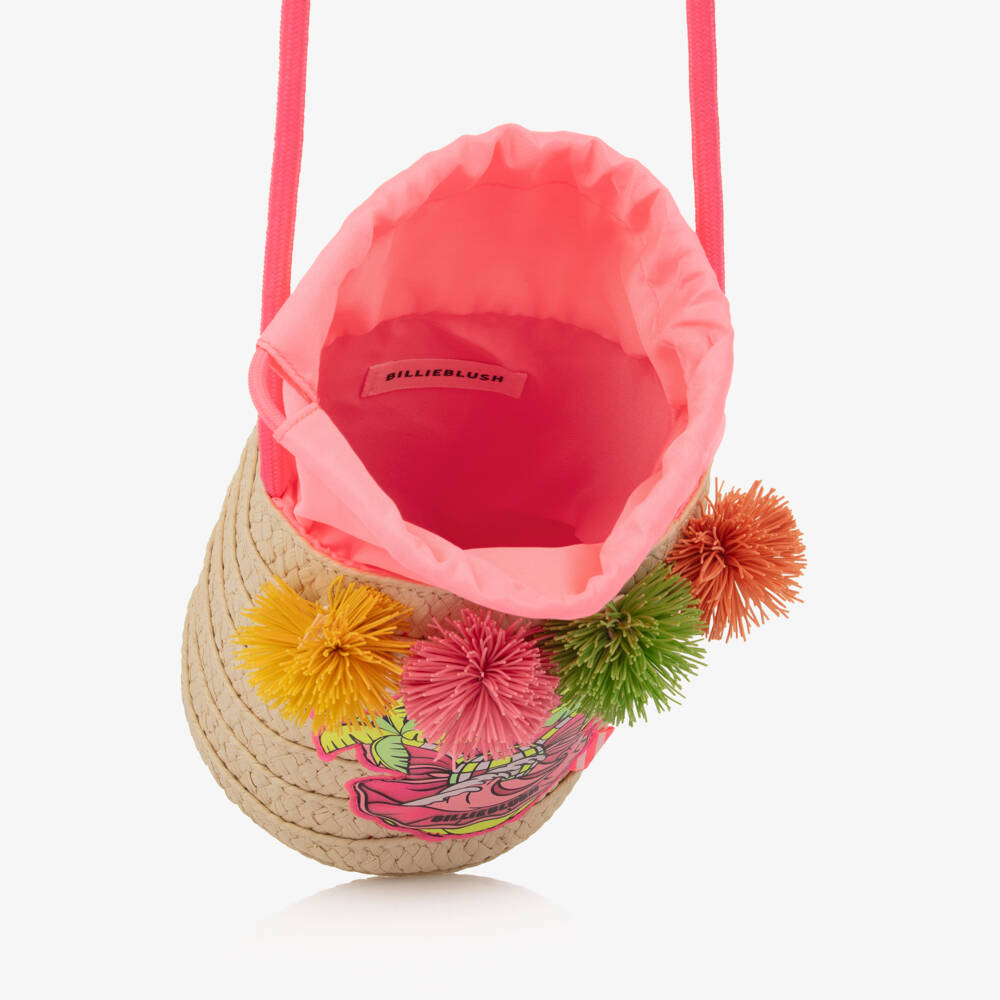 Billieblush-Girls Beige Straw Shouder Bag with Pom-Poms (15cm) | Childrensalon