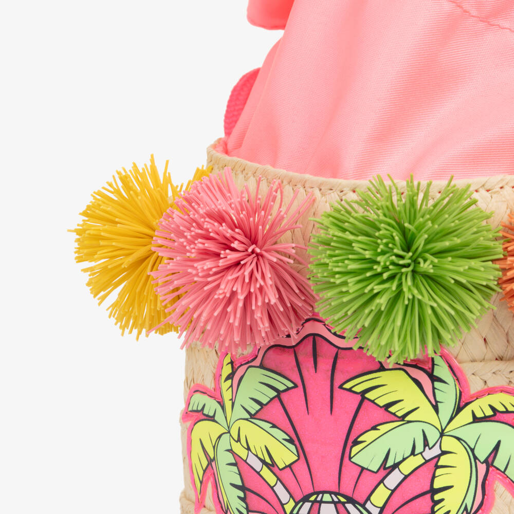 Billieblush-Girls Beige Straw Shouder Bag with Pom-Poms (15cm) | Childrensalon