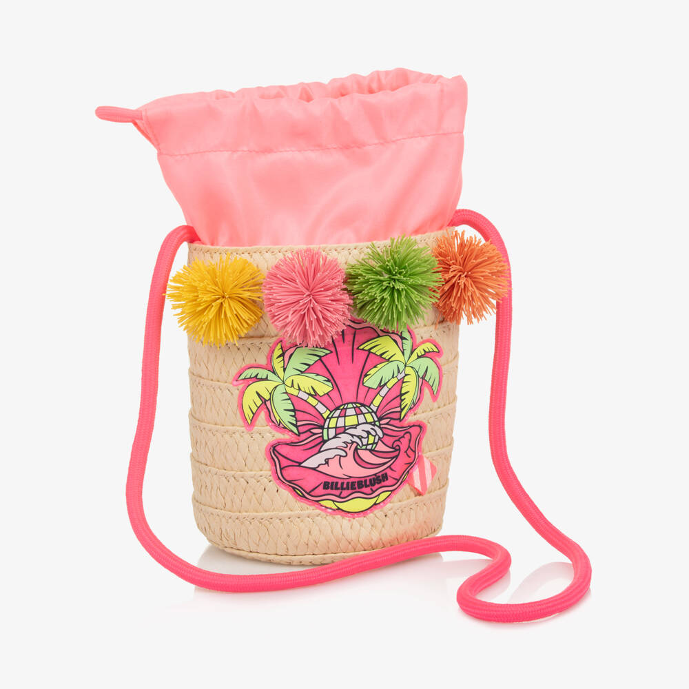 Billieblush-Girls Beige Straw Shouder Bag with Pom-Poms (15cm) | Childrensalon