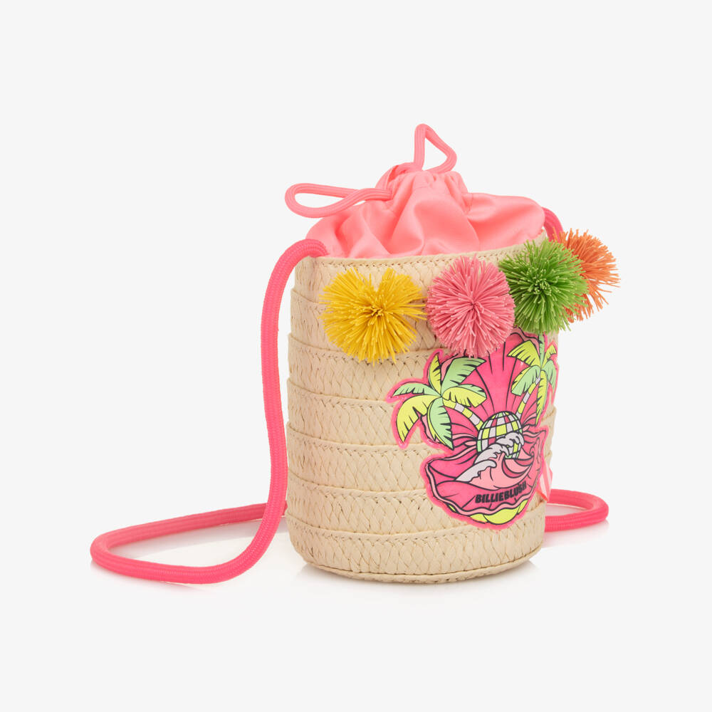 Billieblush-Girls Beige Straw Shouder Bag with Pom-Poms (15cm) | Childrensalon