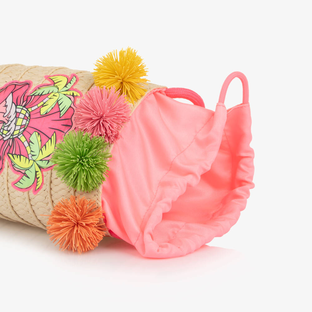 Billieblush-Girls Beige Straw Shouder Bag with Pom-Poms (15cm) | Childrensalon
