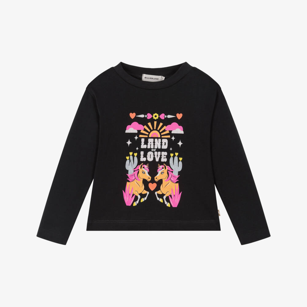 Billieblush-Girls Black Cotton Long Sleeve Top with Horse Print | Childrensalon